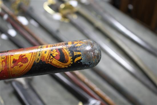 A Victorian Hertfordshire Constabulary truncheon, painted gilt Royal Arms, crest and S & N, H.C., 1849, length 39.5cm